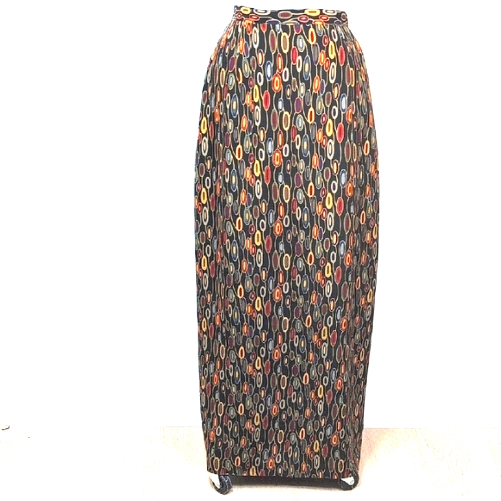 Vintage rayon abstract art earthy boho zip up maxi skirt. Size 8. Central Falls